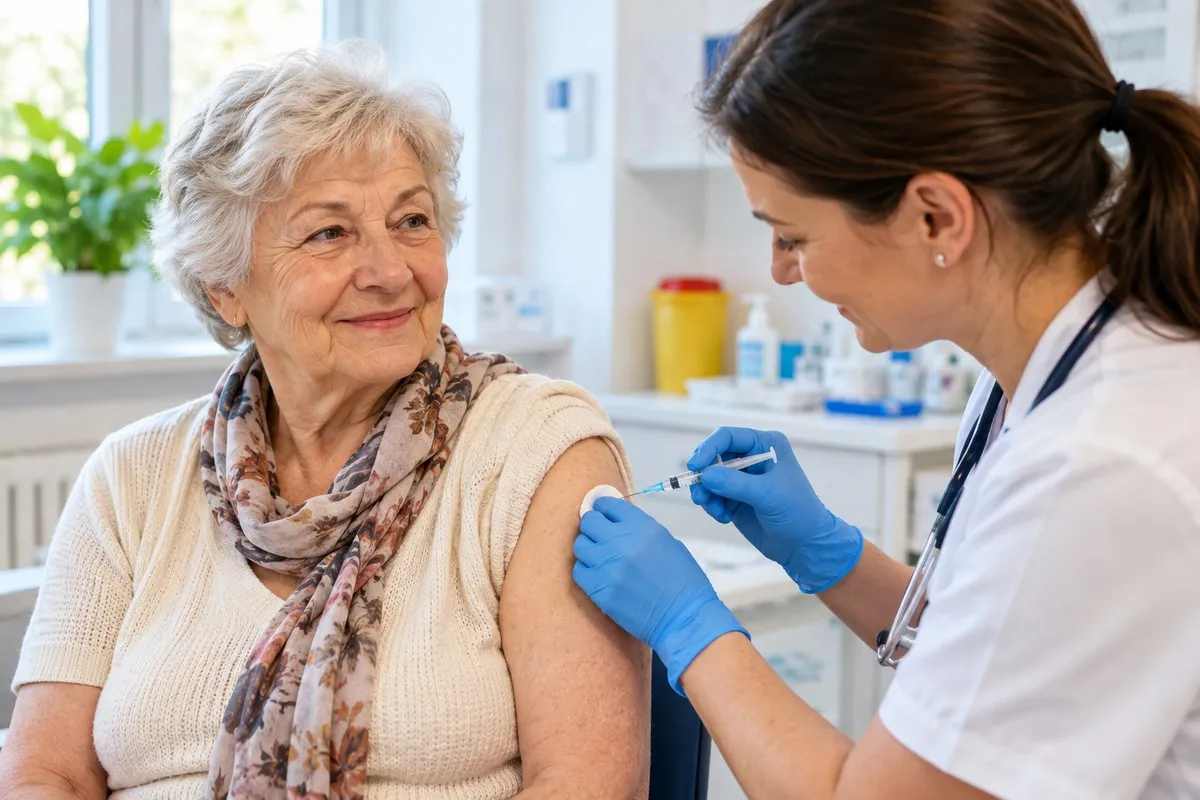Idősebb nő influenza elleni védőoltást kap rendelőben