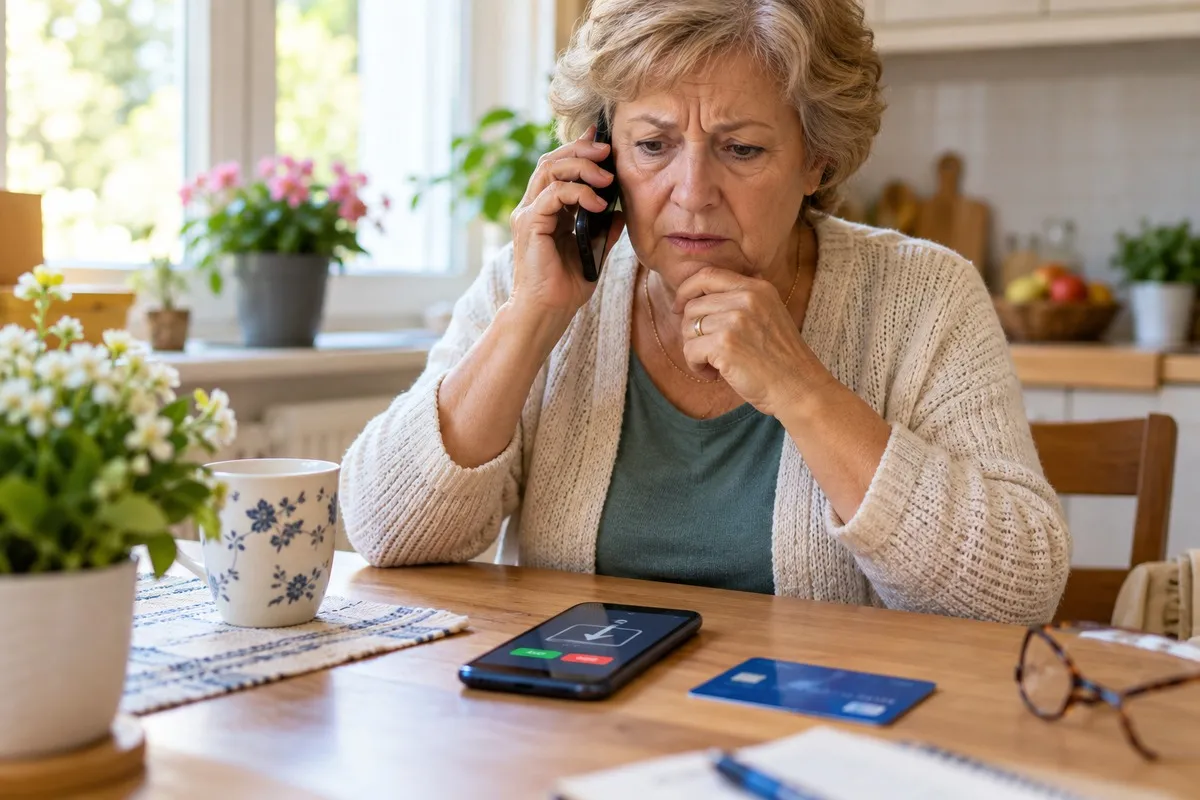 Idősebb nő gyanús telefonhívást fogad, mellette bankkártya és mobiltelefon